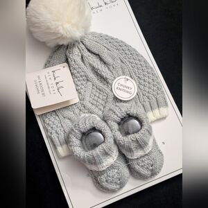 Nicole Miller Gray Knit Hat and Booties with White Pom